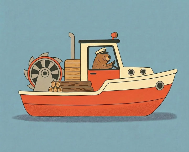 A beaver wearing a captain’s hat pilots a red and white tugboat carrying cut logs and a large gear-like paddlewheel, blending forestry themes with playful transportation in a scene enjoyable for both kids and adults.

