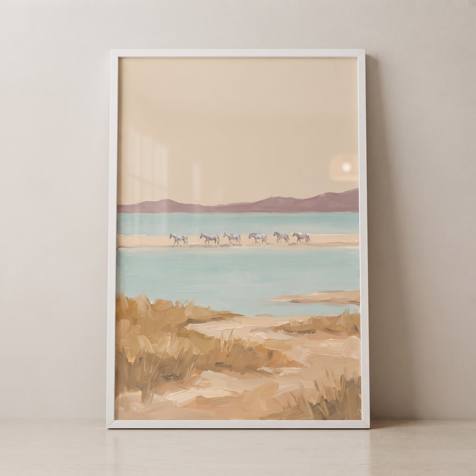 Beige coastal walking horses wall art featuring a line of horses on a sandbar between teal water and distant mountains.