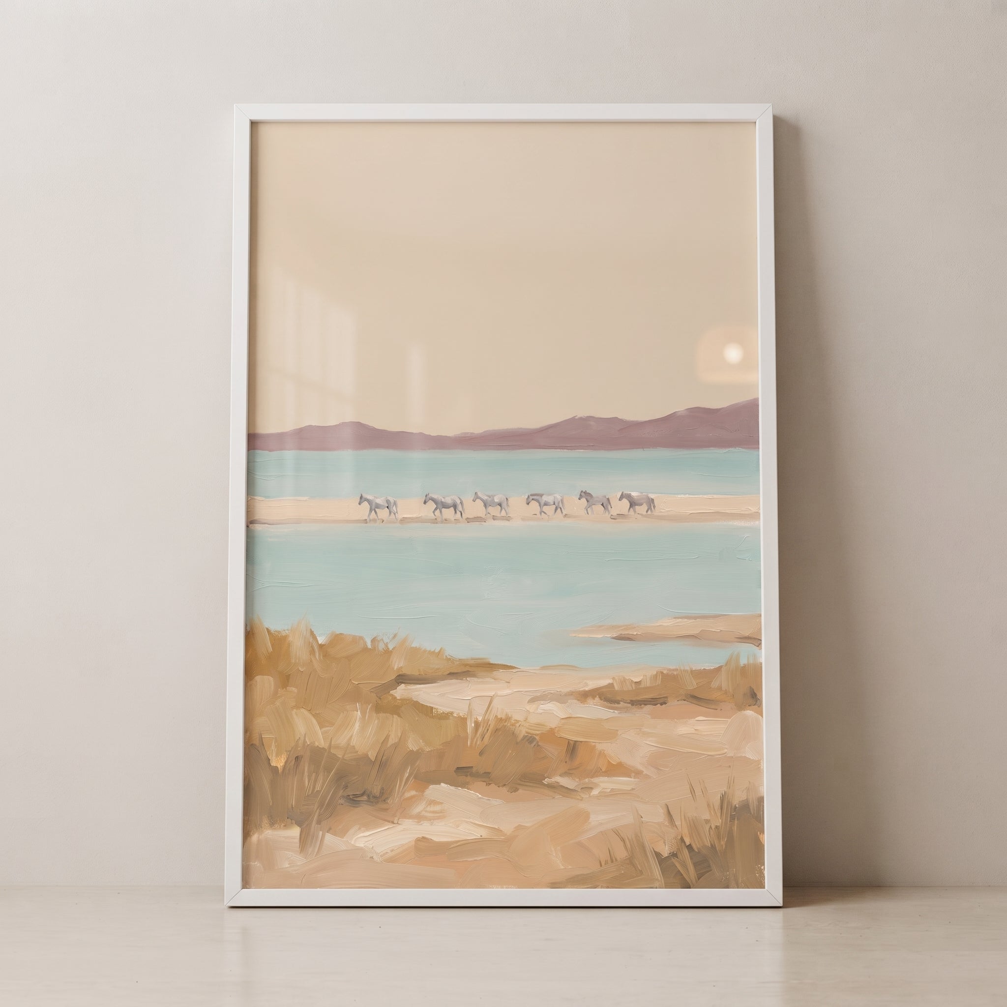 Beige Coastal Walking Horses Wall Art - Quiet Shoreline Trek