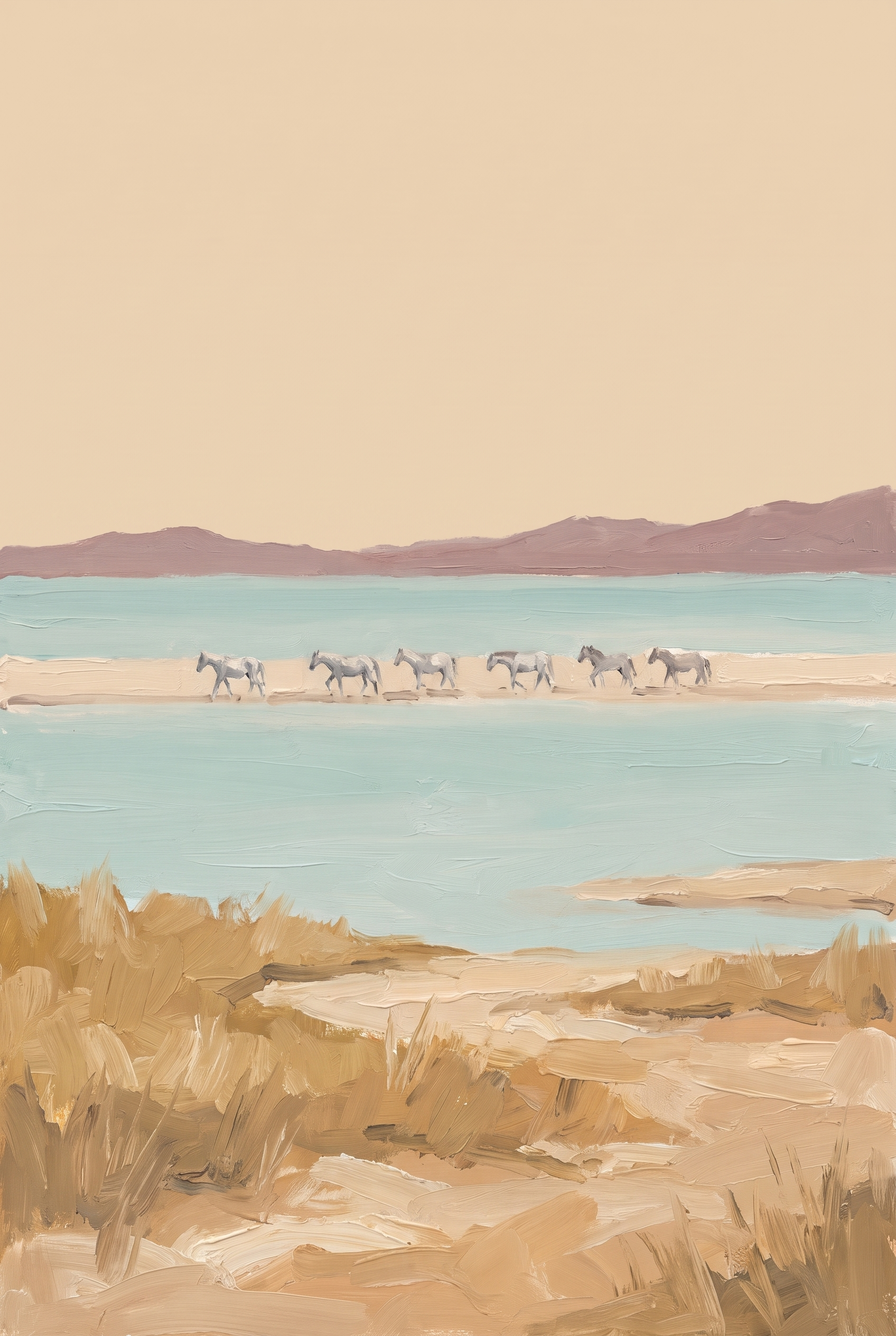 Beige Coastal Walking Horses Wall Art - Quiet Shoreline Trek