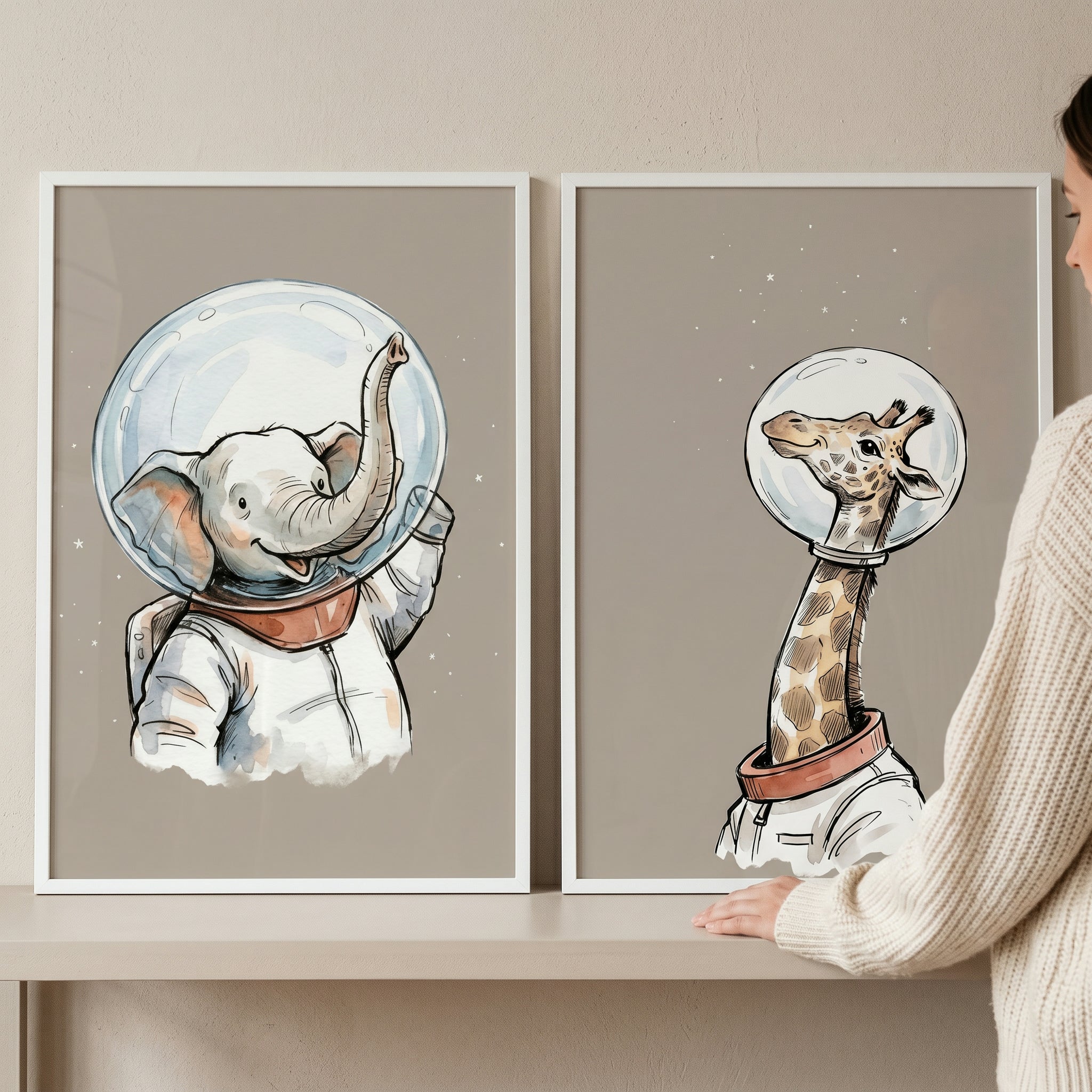 Beige Cosmic Astronaut Animal Wall Art Set of 2 - Cosmic Safari Duo