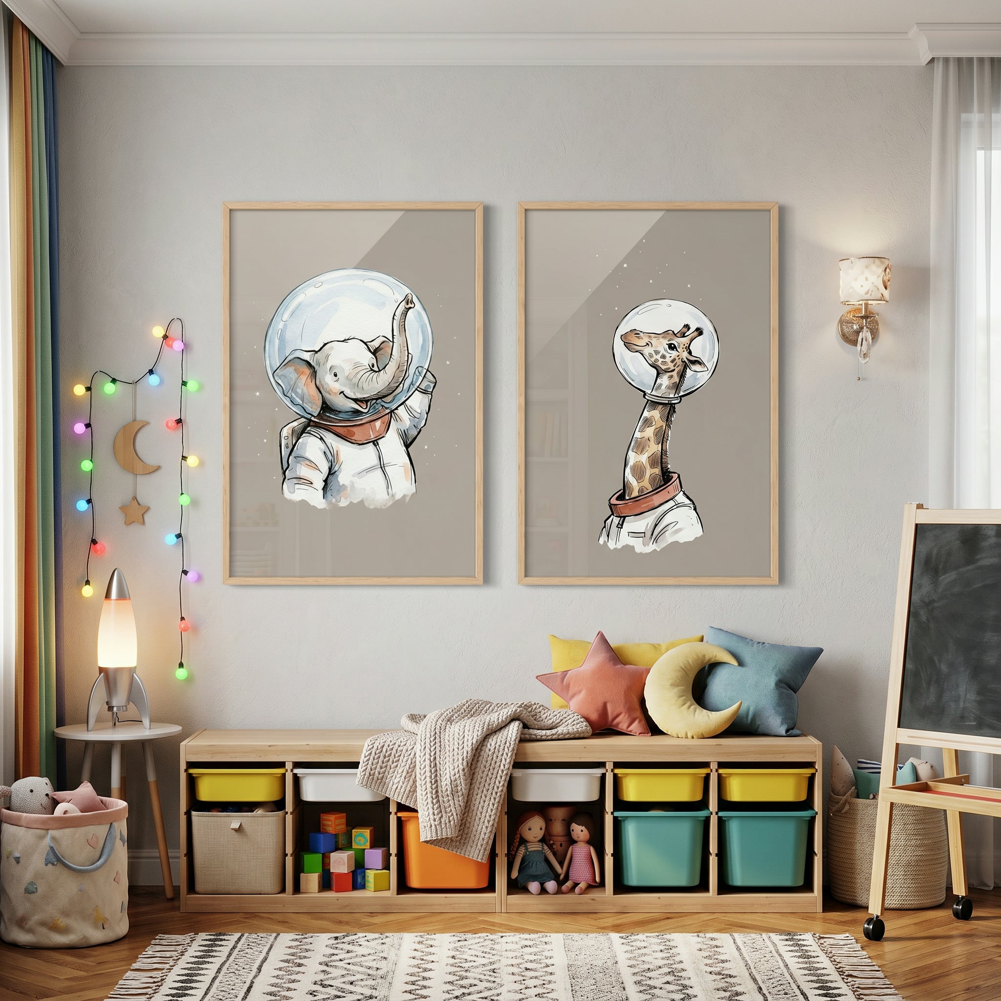 Beige Cosmic Astronaut Animal Wall Art Set of 2 - Cosmic Safari Duo