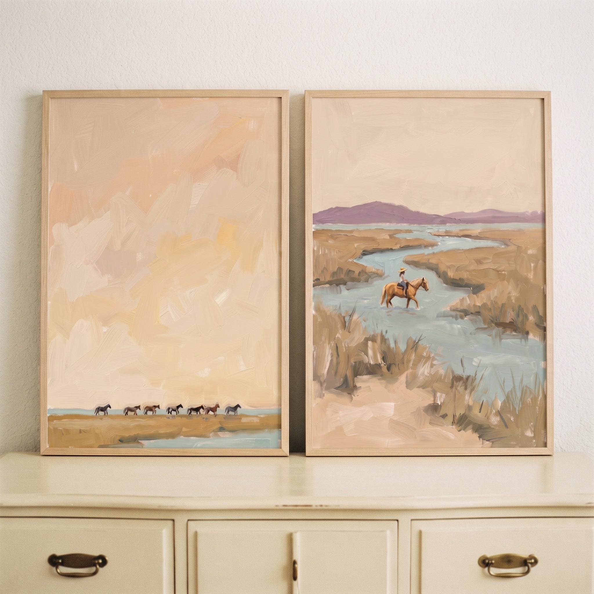 Beige Textured Marshland Horses Wall Art Set of 2 - Wild Horse Horizon