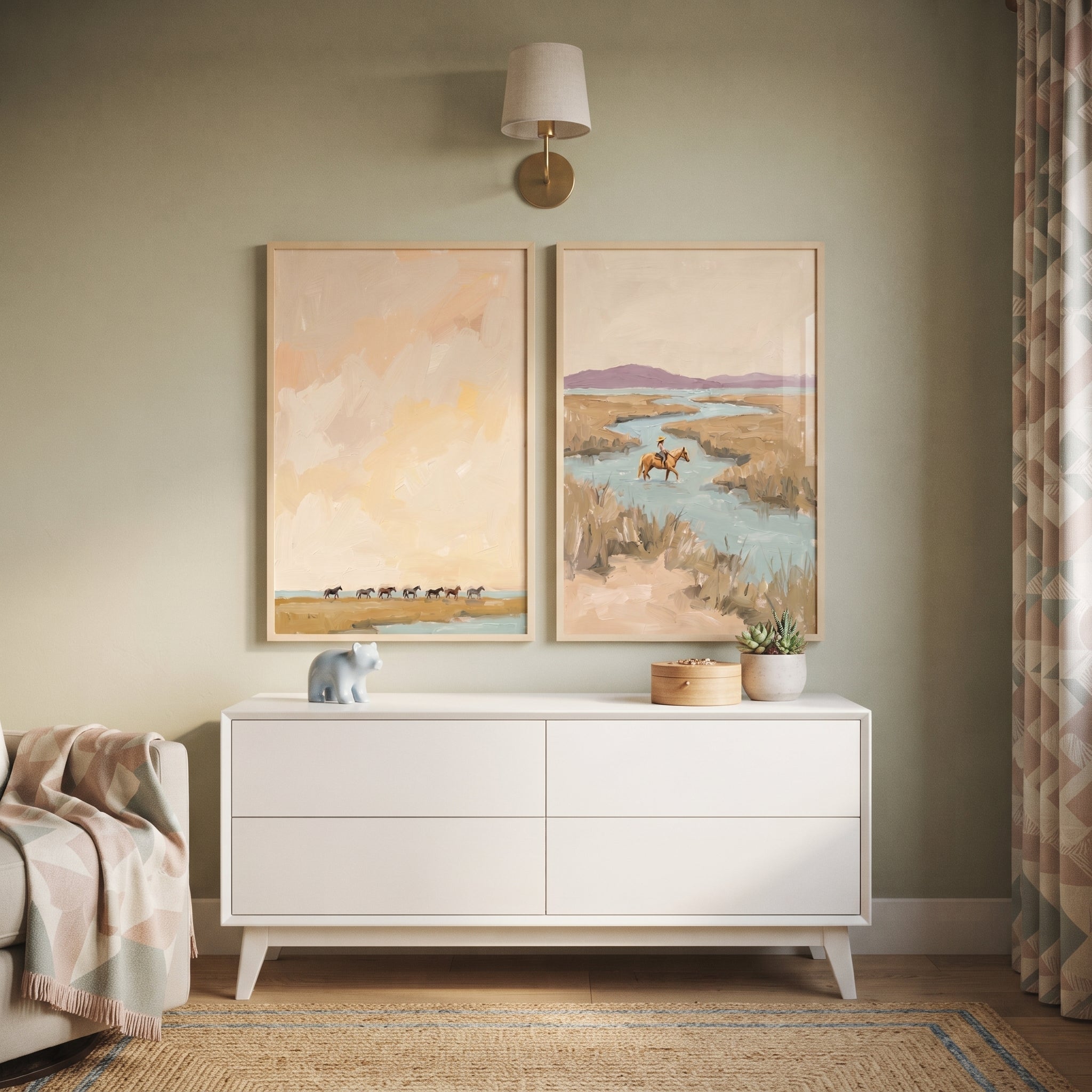 Beige Textured Marshland Horses Wall Art Set of 2 - Wild Horse Horizon