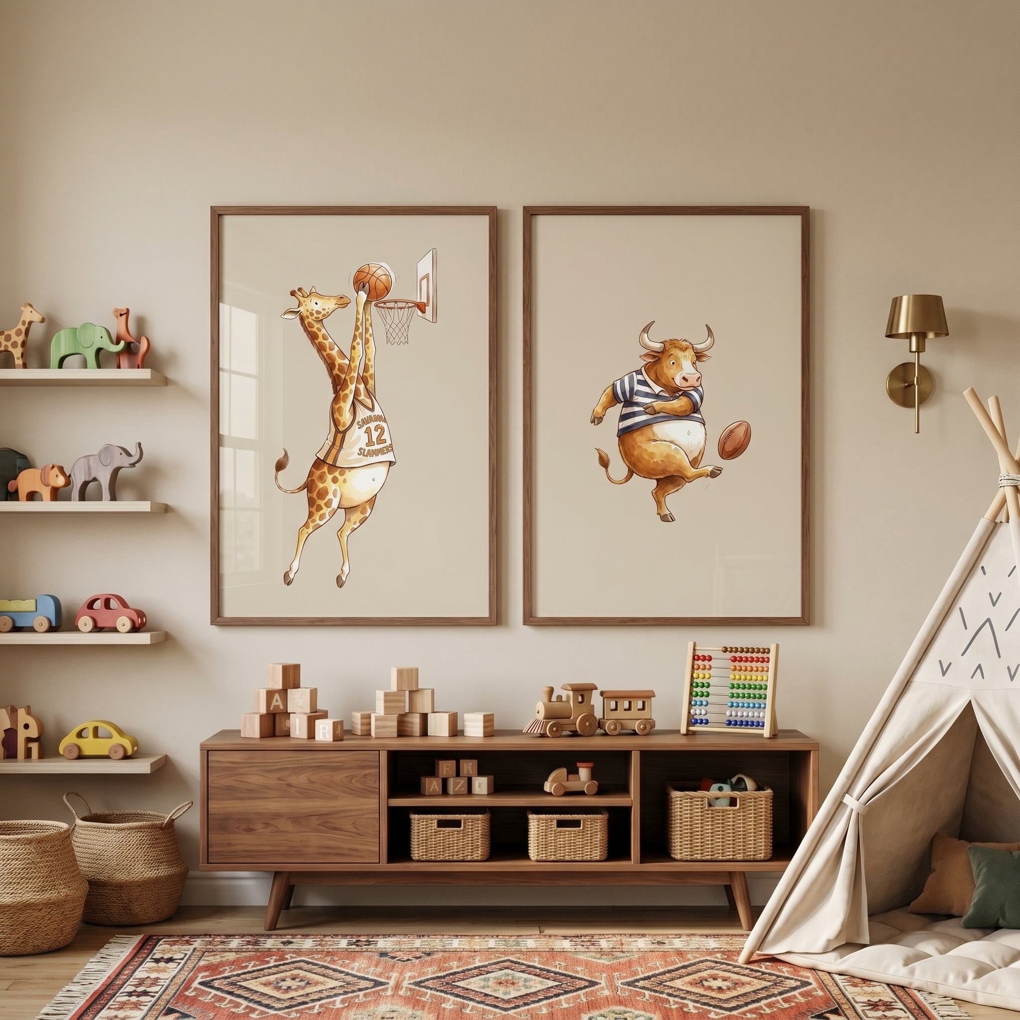 Beige Watercolor Athletic Animals Wall Art Set of 2 - Animal All Stars