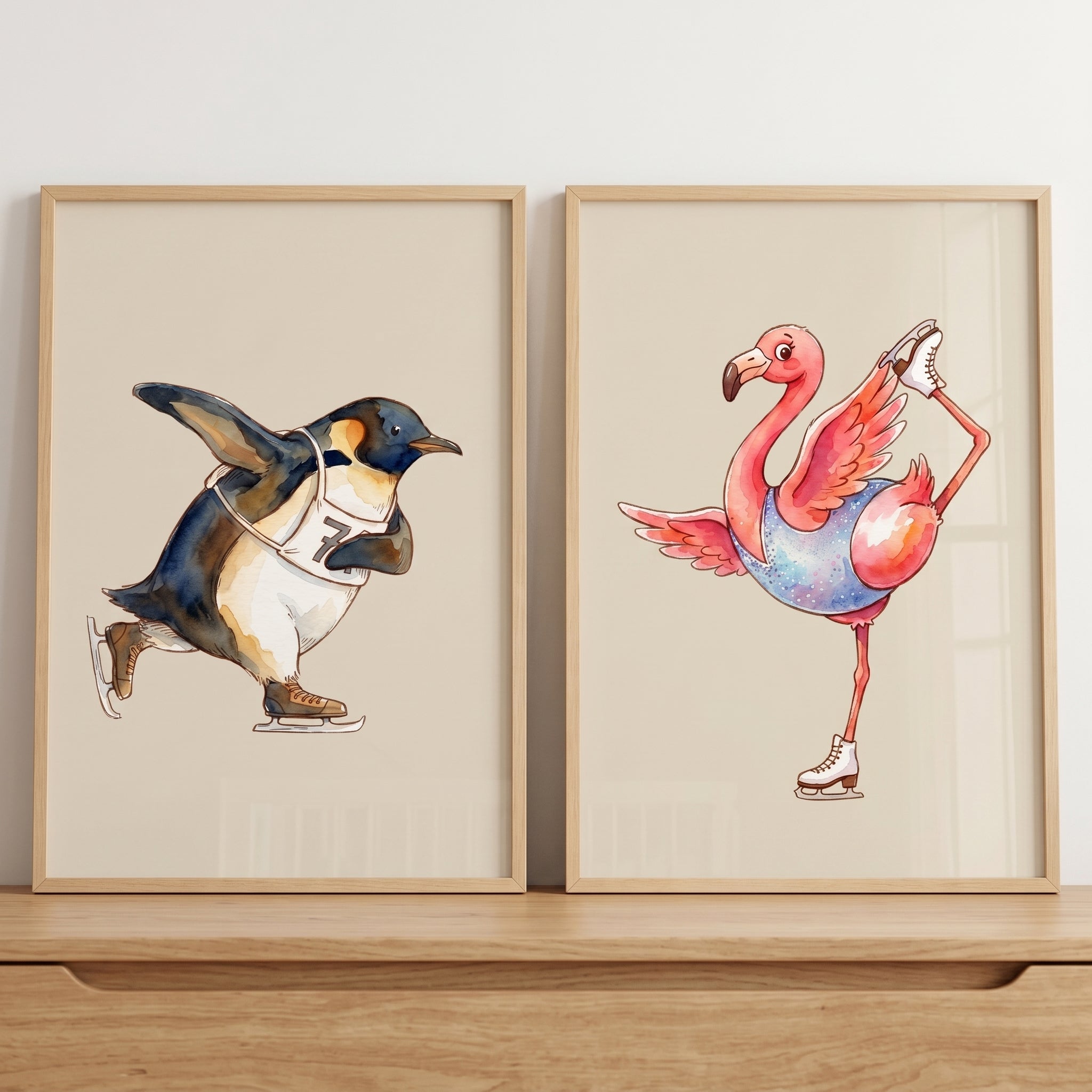 Beige Watercolor Skating Animals Wall Art Set of 2 - Graceful Skating Birds
