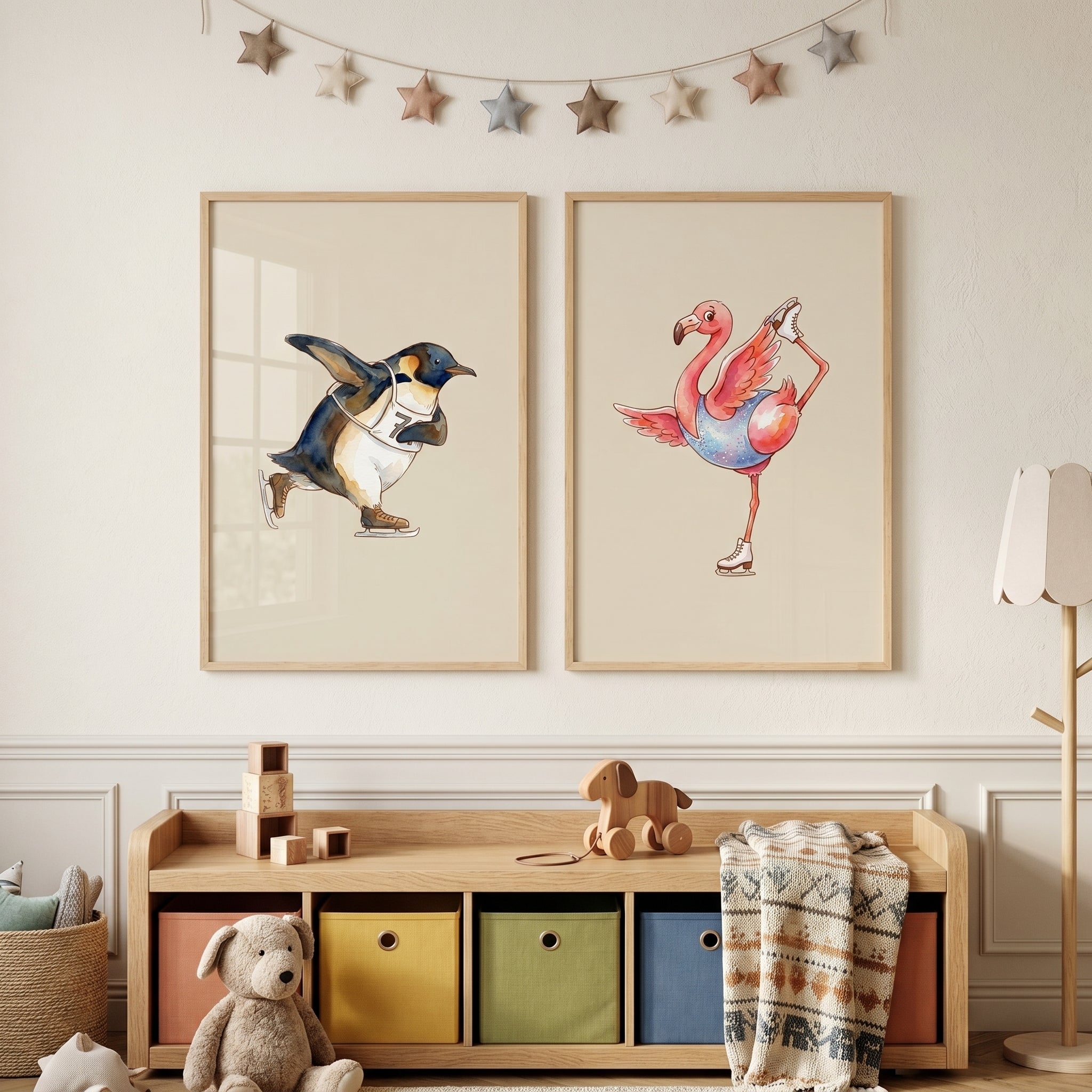 Beige Watercolor Skating Animals Wall Art Set of 2 - Graceful Skating Birds