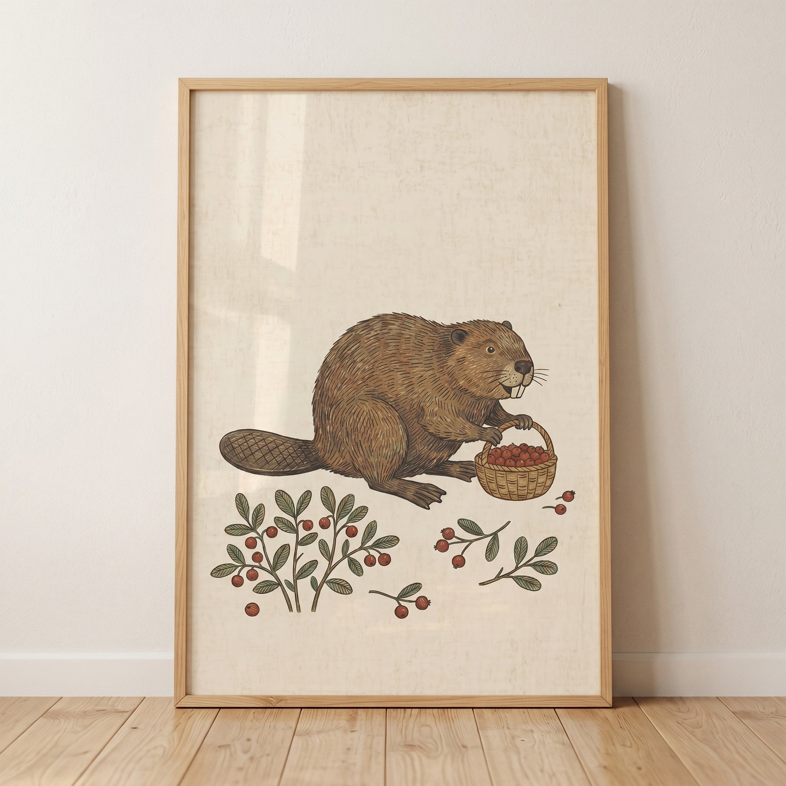 Framed berry basket foraging beaver wall art depicts a brown beaver holding a basket of berries near berry-laden bushes.