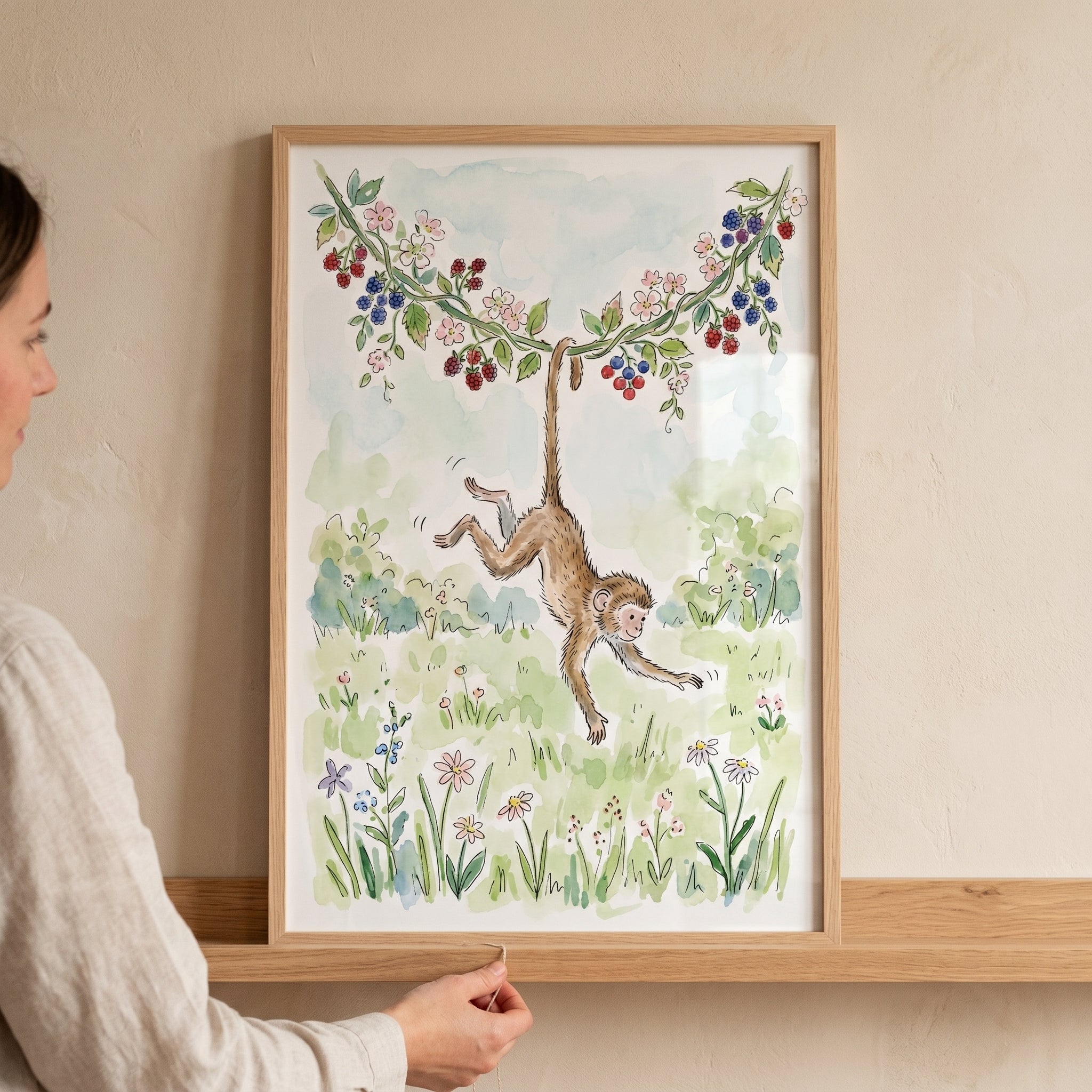 Berry Vine Hanging Monkey Wall Art - Playful Berry Monkey