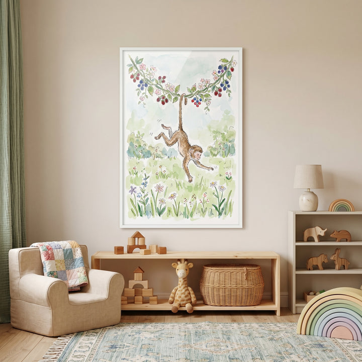Berry vine hanging monkey wall art in a neutral nursery with wooden toy shelves, a giraffe, and a cozy armchair.