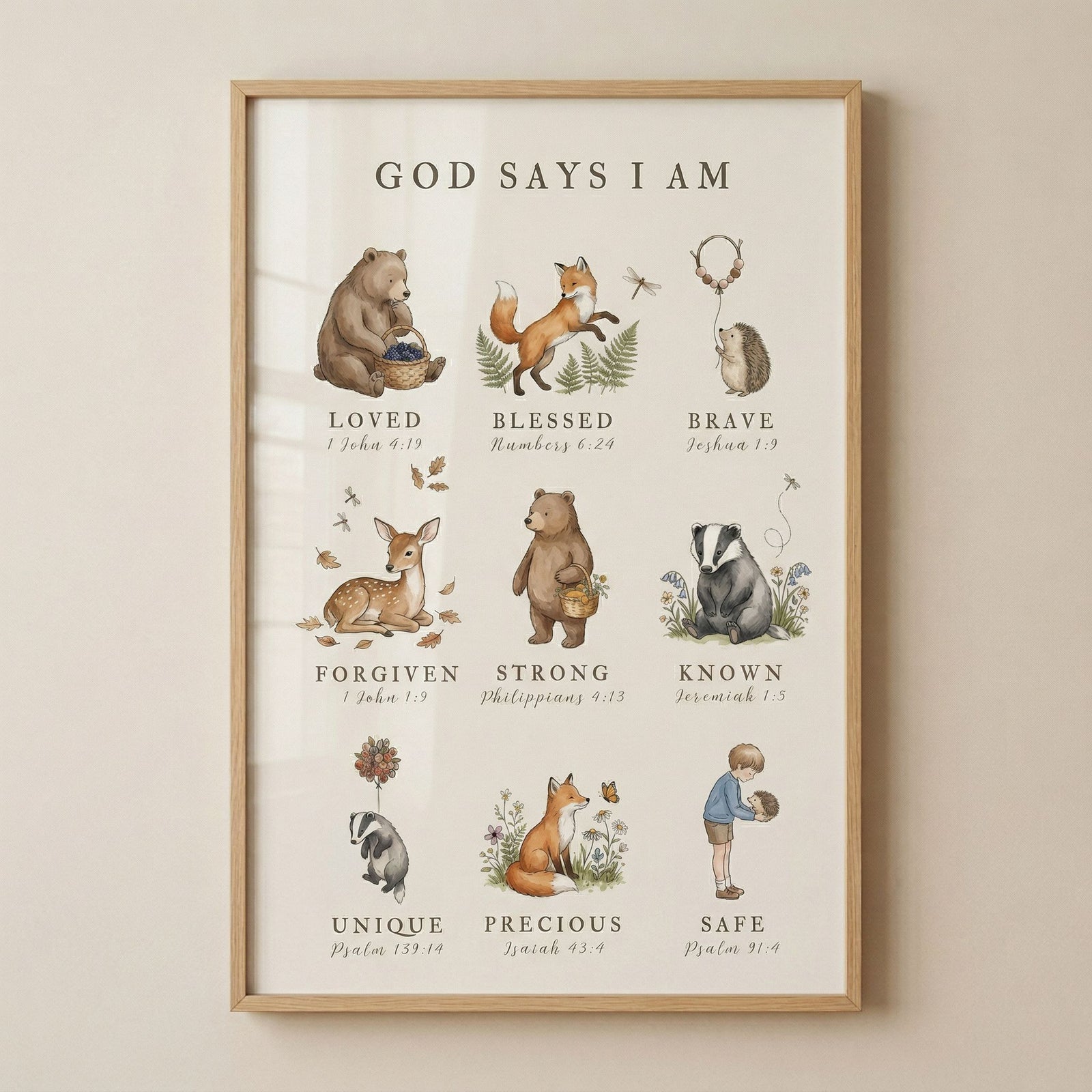 Bible verse forest animal artwork featuring watercolor woodland creatures, a boy, scripture, and positive affirmations.