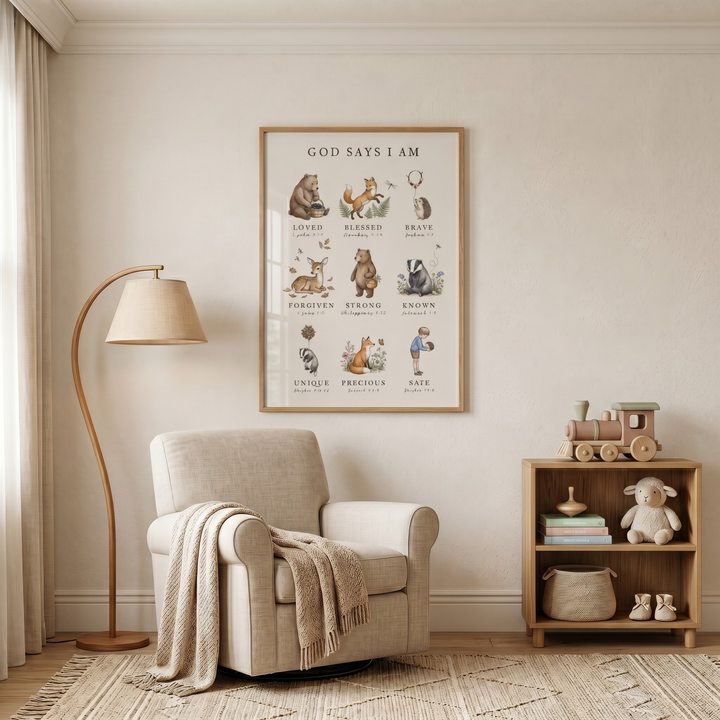 Cozy nursery with a beige armchair, lamp, and framed bible verse forest animal artwork on the wall.