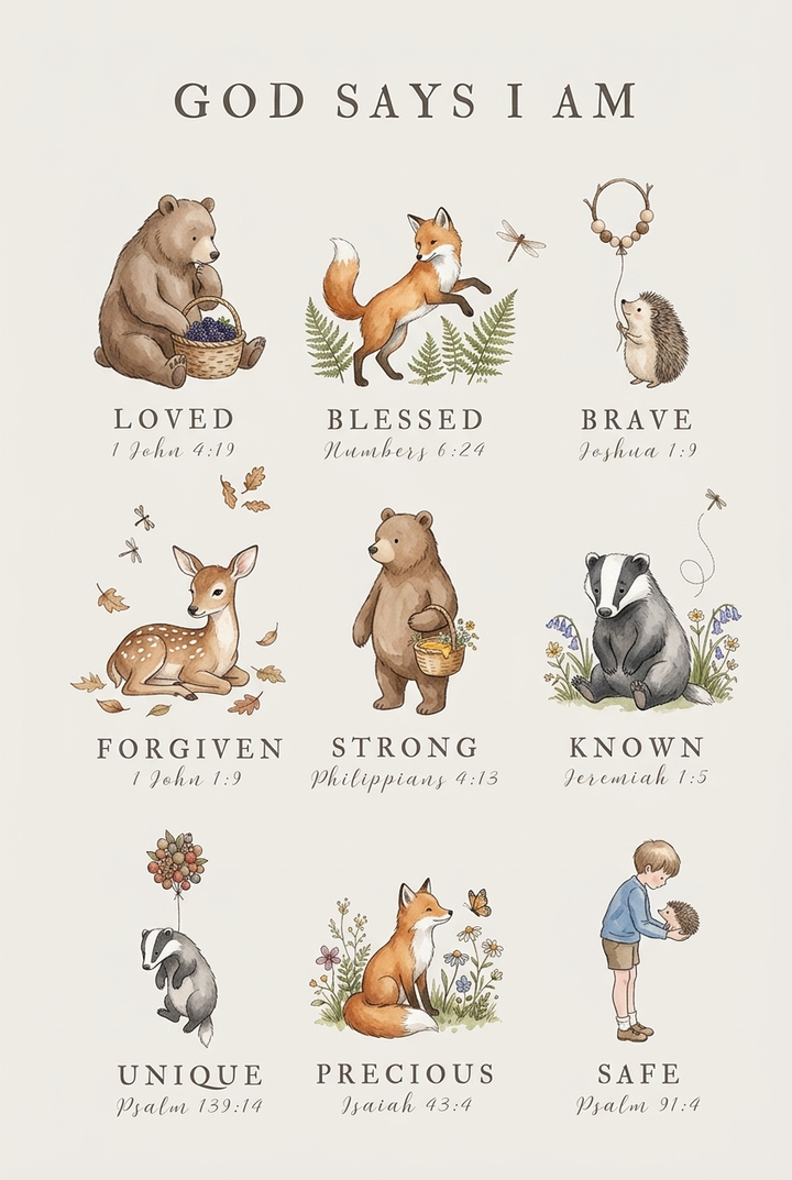 Bible verse forest animal artwork with nine watercolor woodland creatures and a child paired with scripture citations.