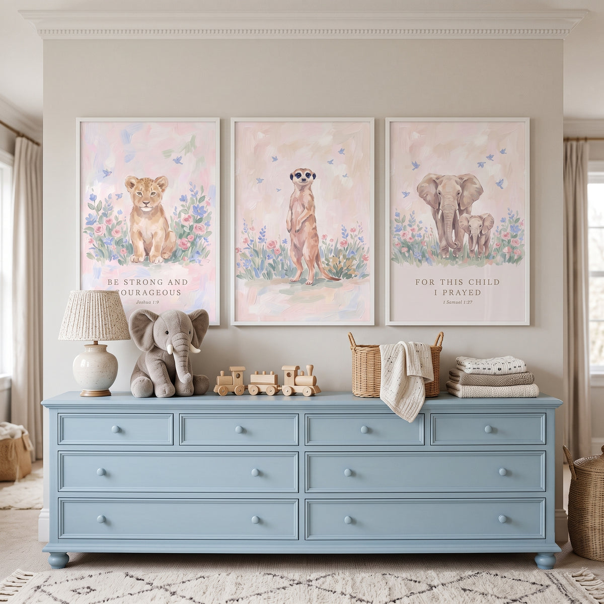Bible Verse Safari Animals Wall Art Set of 3 - Faithful Safari Animals