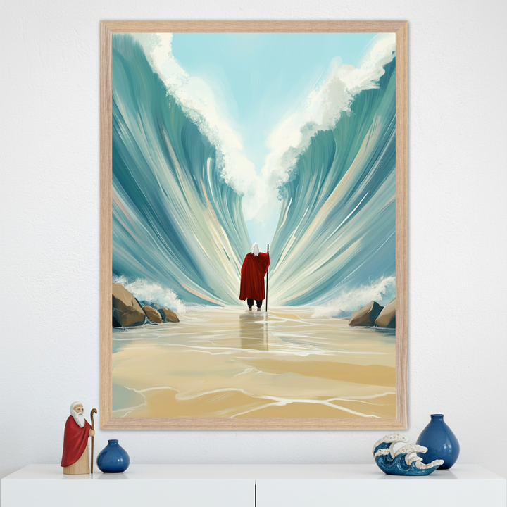 Modern room with a white console. A large framed illustrative painting of Moses parting the Red Sea with towering blue waves hangs above the console. A Moses figurine, blue vase, and wave sculpture are on the console.