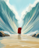 A person in a red cloak stands with a staff on a sandy beach, facing a dramatic scene of parted ocean waves towering on either side, under a bright blue sky.