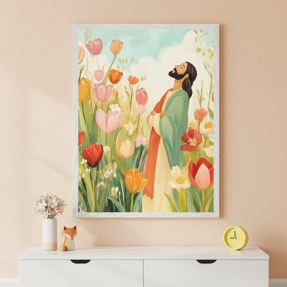 Modern room with a white and light wood dresser. A large framed painterly print of Jesus in a vibrant field of tulips and flowers under a cloudy sky hangs centered above the dresser. A small teal vase with a pink tulip sits on the dresser.