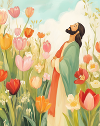 A serene illustration of a person with long hair and a beard, eyes closed, standing peacefully among vibrant tulips in shades of pink, orange, and red. The person wears a flowing robe with green and red hues, surrounded by a lush garden under a bright, clear sky.