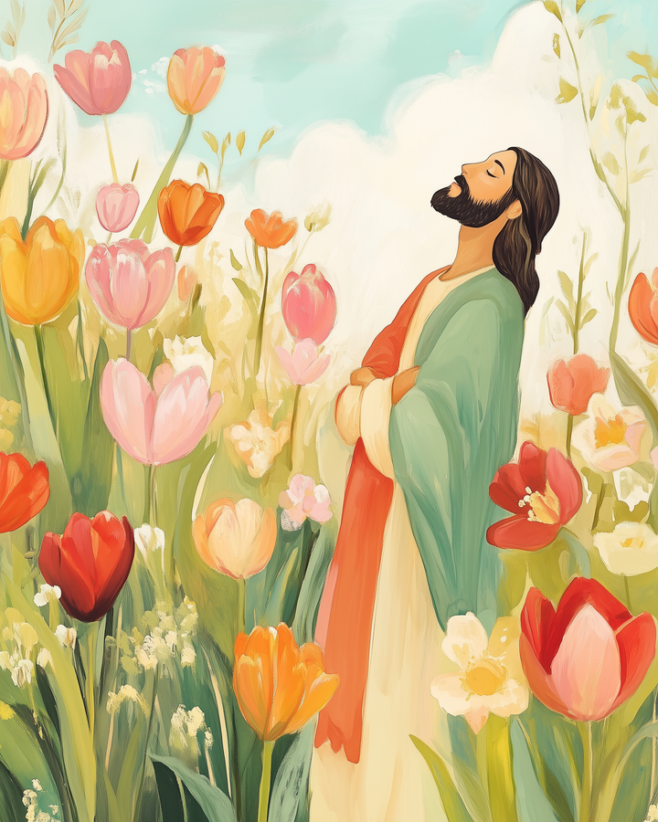 A serene illustration of a person with long hair and a beard, eyes closed, standing peacefully among vibrant tulips in shades of pink, orange, and red. The person wears a flowing robe with green and red hues, surrounded by a lush garden under a bright, clear sky.