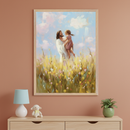 Modern room with a light wood dresser. A large framed painterly artwork of Jesus holding a child in a field of wildflowers under a blue sky hangs above the dresser. A white vase with dried yellow flowers is on the dresser.