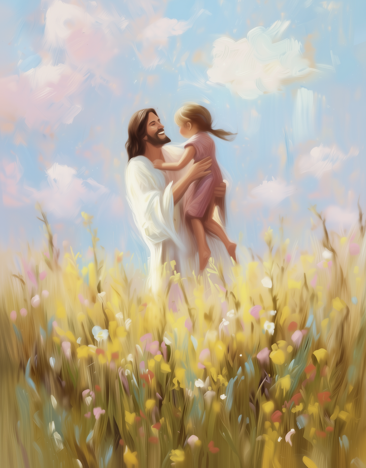 A serene painting depicts a bearded man in a white robe joyfully holding a young girl in a pink dress amidst a vibrant field of yellow and pink wildflowers under a blue sky with soft clouds.
