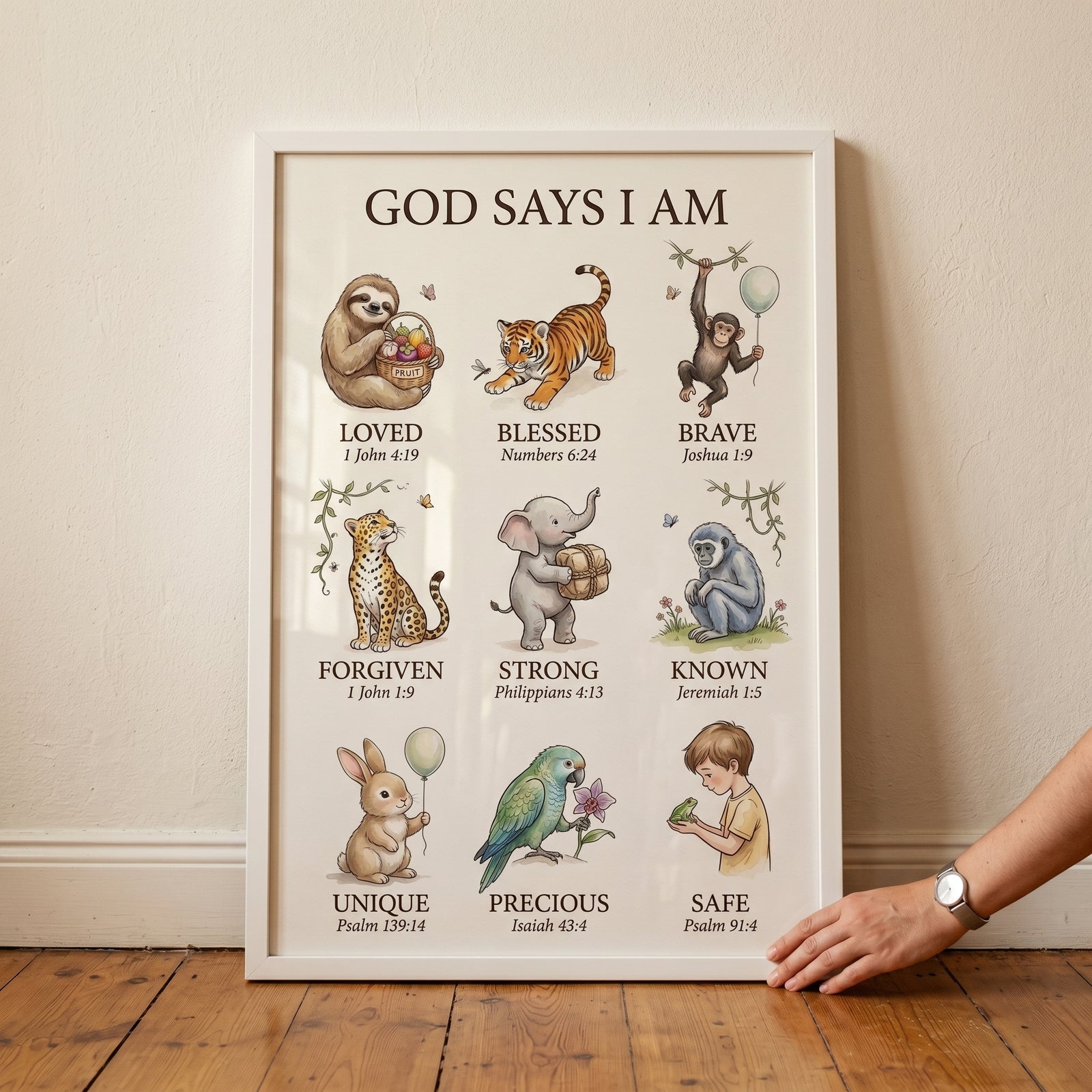 Framed biblical affirmation animal wall art featuring nine illustrations of animals and a child with scripture references.
