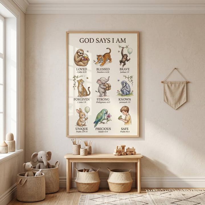 Biblical affirmation animal wall art with scripture verses in a neutral nursery with wooden toys and baskets.