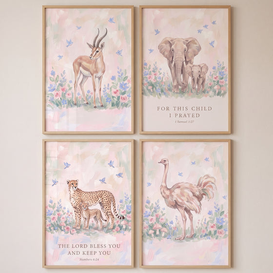 Biblical garden safari animals wall art set of 4 featuring a gazelle, elephants, cheetahs, and ostrich with scripture.