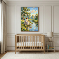 A serene nursery room features a framed artwork hanging on a white paneled wall above a natural wood crib. The artwork depicts Jesus in a white robe, seated peacefully on a grassy bank beside a gentle stream. A small white lamb leans in to drink from the clear water. The scene is set in a vibrant, sunlit landscape filled with green trees and yellow wildflowers under a blue sky. The room includes elegant wall molding, flowing drapes, and a small side table with a lamp and books.
