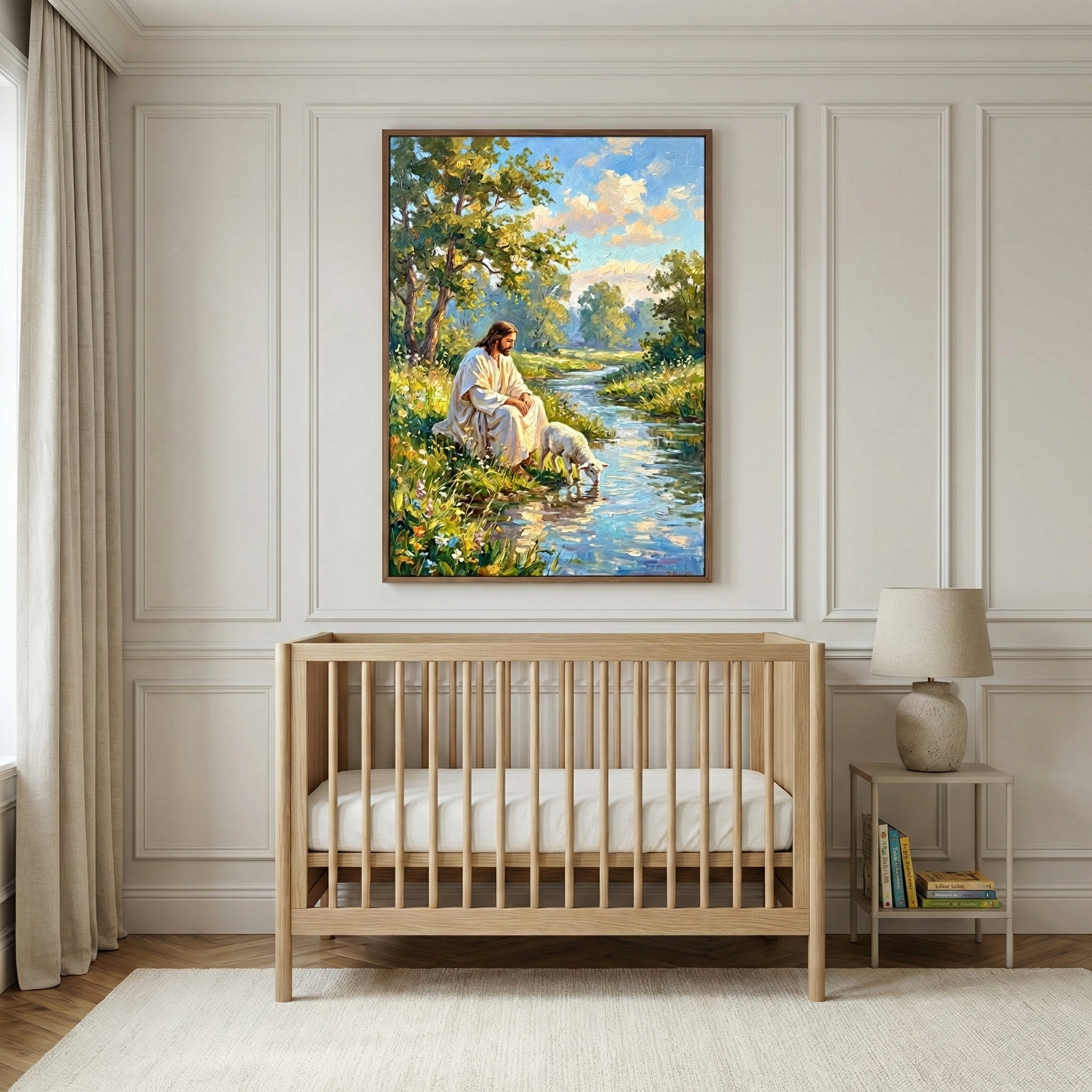 A serene nursery room features a framed artwork hanging on a white paneled wall above a natural wood crib. The artwork depicts Jesus in a white robe, seated peacefully on a grassy bank beside a gentle stream. A small white lamb leans in to drink from the clear water. The scene is set in a vibrant, sunlit landscape filled with green trees and yellow wildflowers under a blue sky. The room includes elegant wall molding, flowing drapes, and a small side table with a lamp and books.