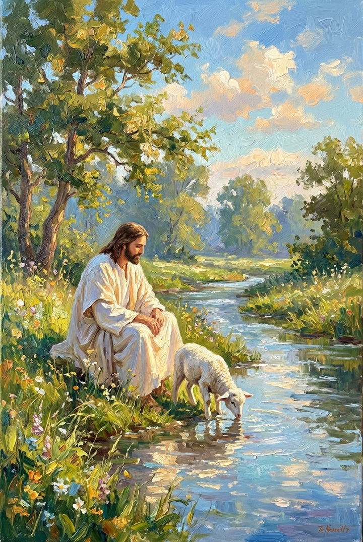 An impressionistic artwork of Jesus Christ seated on a grassy riverbank. Wearing a white robe, he gazes peacefully at a small white lamb drinking from a clear stream. The landscape is bathed in warm, golden light, with vibrant wildflowers blooming in the foreground. A large tree provides dappled shade, while the river flows into a lush distance under a bright blue sky filled with soft, sunlit clouds. The piece uses bold, textured strokes to create a serene and pastoral scene.