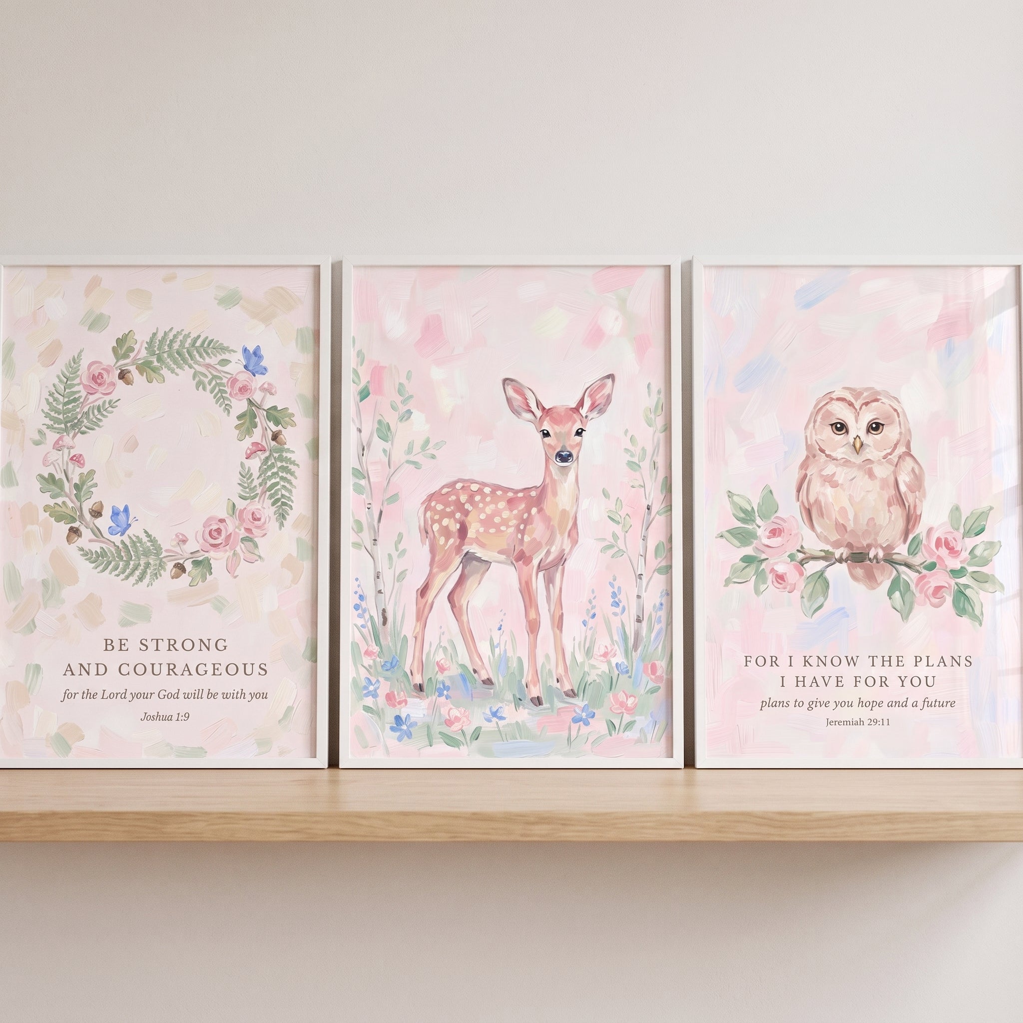 Biblical Pink Forest Animals Wall Art Set of 3 - Scripture Forest Friends