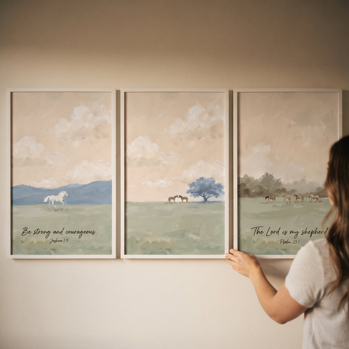 Biblical scripture pasture horse wall art set of 3 featuring serene field scenes with horses and thin white frames.