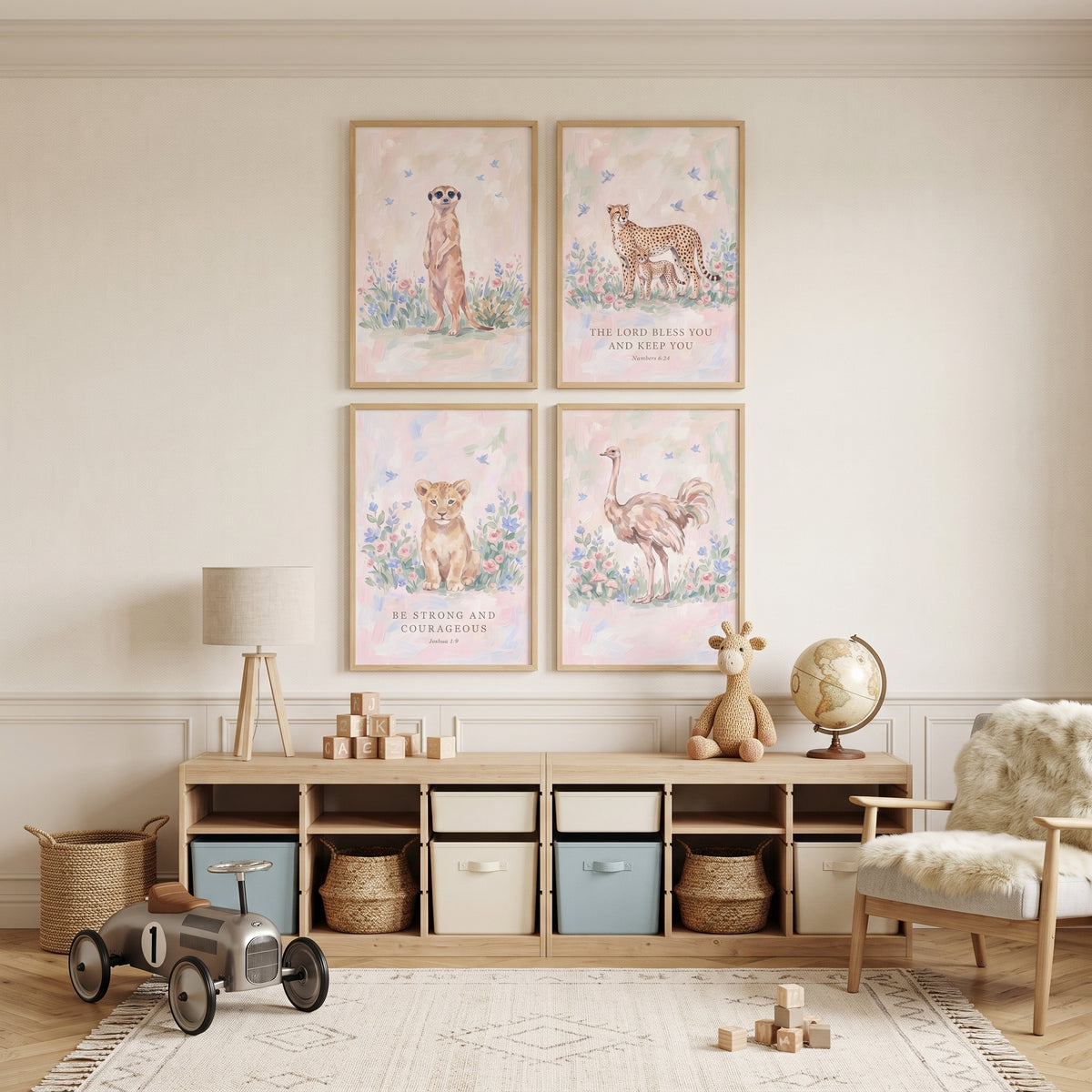 Biblical Wildflower Savanna Animals Wall Art Set of 4 - Faithful Animal Verses