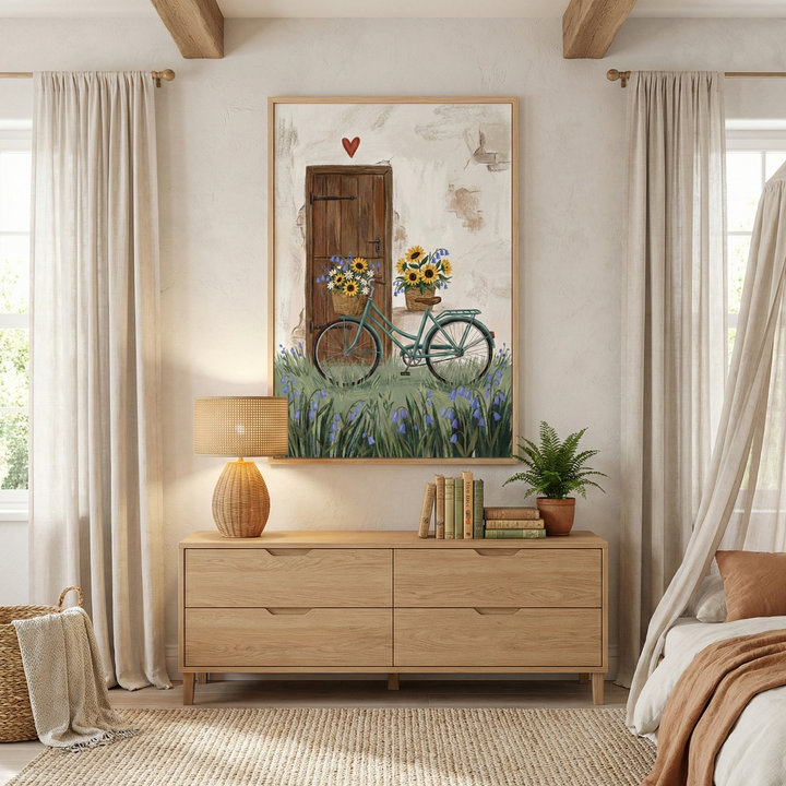 A cozy, light-filled bedroom features a light wood four-drawer dresser. Above it hangs a large framed piece of art depicting a teal vintage bicycle with baskets of sunflowers in a field of blue flowers before a rustic wooden door with a red heart above it. On the dresser, a textured table lamp glows next to a stack of books and a small potted fern. Neutral curtains and a sheer bed canopy add a soft touch, while a woven basket and a textured rug enhance the room's warm, rustic aesthetic.