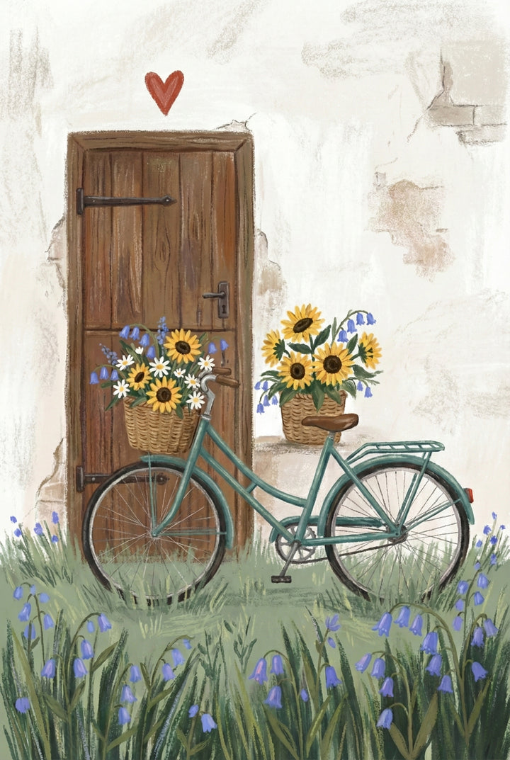 A charming illustration shows a teal bicycle leaning against a rustic wooden door. A woven basket on the front is filled with bright sunflowers and blue wildflowers. Another basket of sunflowers sits on a ledge beside the door. The scene is set in a field of tall grass and blue bell-shaped flowers. Above the door, a small red heart adds a whimsical touch. The weathered white wall and textured style create a peaceful, countryside feel.