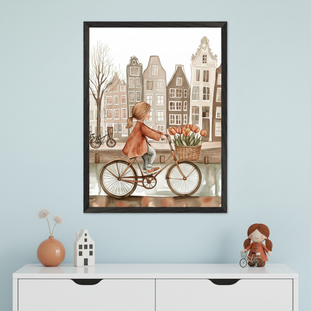 Modern kid's room with a light blue wall. A large black-framed watercolor illustration of a girl riding a bicycle with tulips past canal houses hangs centered above a white dresser. A vase, decorative house, and a doll are on the dresser.