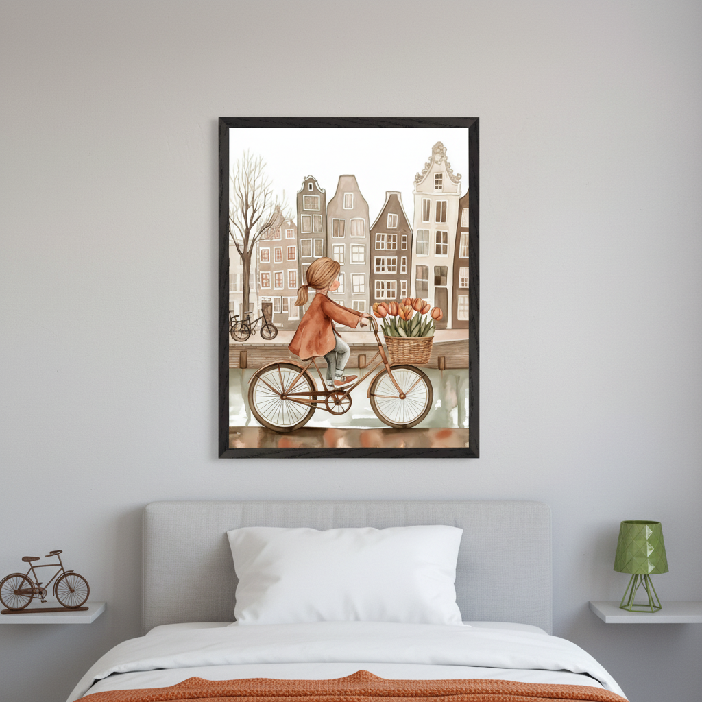 Bedroom with a grey upholstered bed and white pillow. A large framed watercolor print of a girl riding a bike with tulips in front of canal houses hangs centered above the bed.