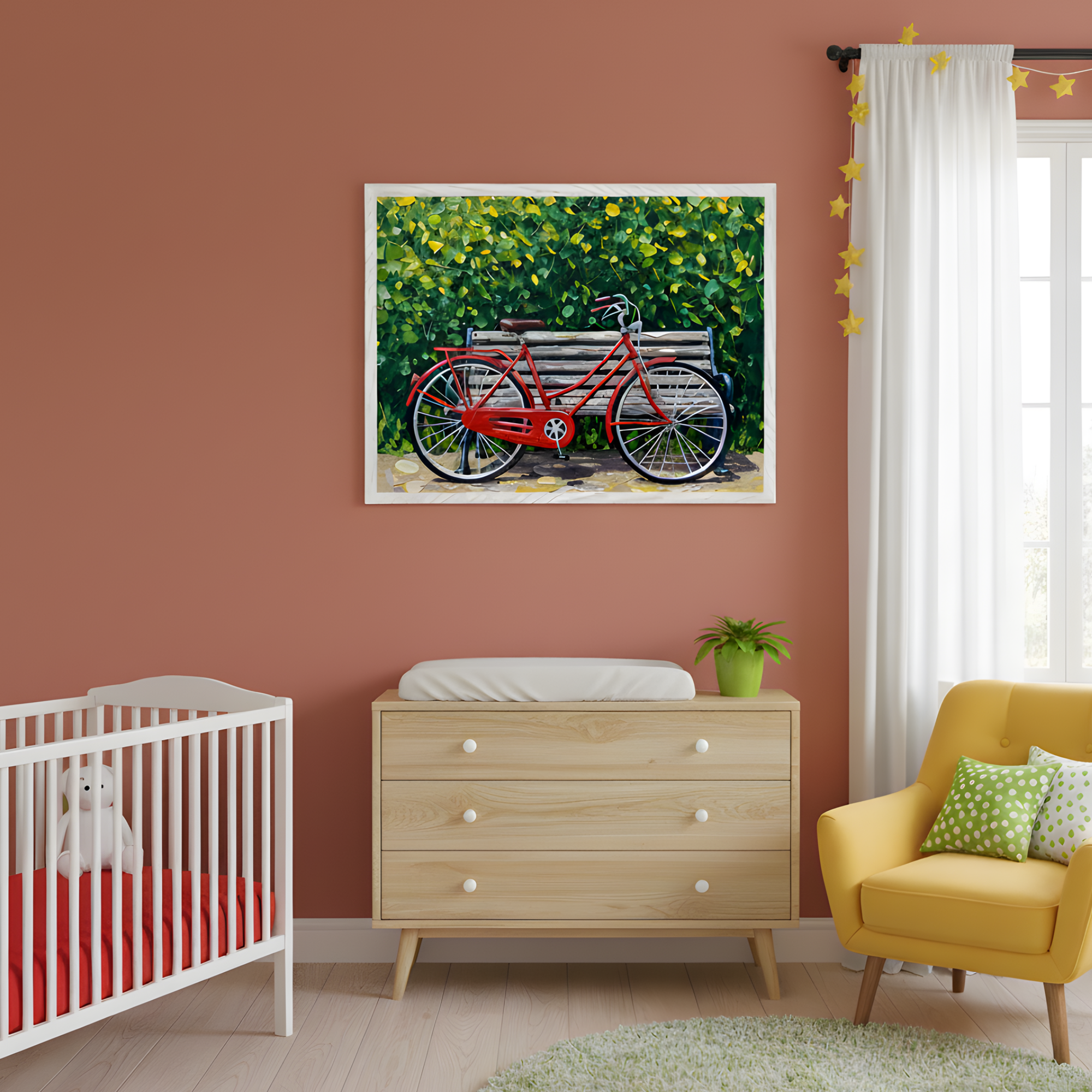 A nursery decorated in earthy tones showcases a vibrant painting of a red bicycle leaning on a bench surrounded by greenery. The wooden dresser, yellow armchair, and white crib with red bedding tie together the playful color palette for a bright and welcoming baby room.