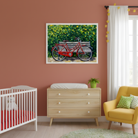 A nursery decorated in earthy tones showcases a vibrant painting of a red bicycle leaning on a bench surrounded by greenery. The wooden dresser, yellow armchair, and white crib with red bedding tie together the playful color palette for a bright and welcoming baby room.