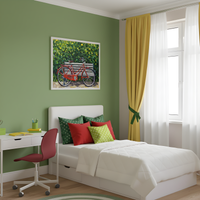 Light-filled bedroom combines earthy and playful tones, with a framed painting of a red bicycle set against green foliage above a white bed. Pops of red, green, and yellow appear in the pillows, curtains, and desk area, creating a lively yet balanced atmosphere.