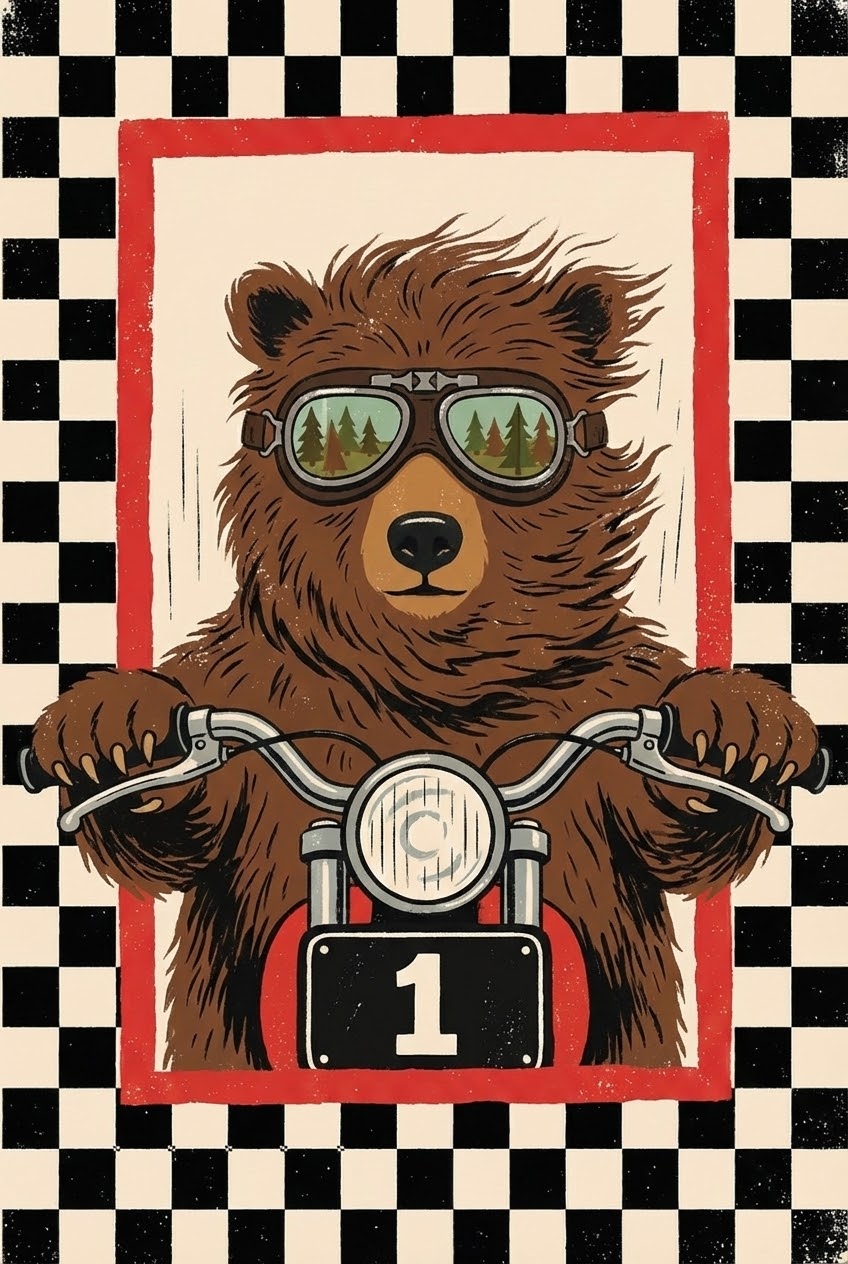 Biker Bear Vintage Retro Style Wall Art - Grizzly Road Racer