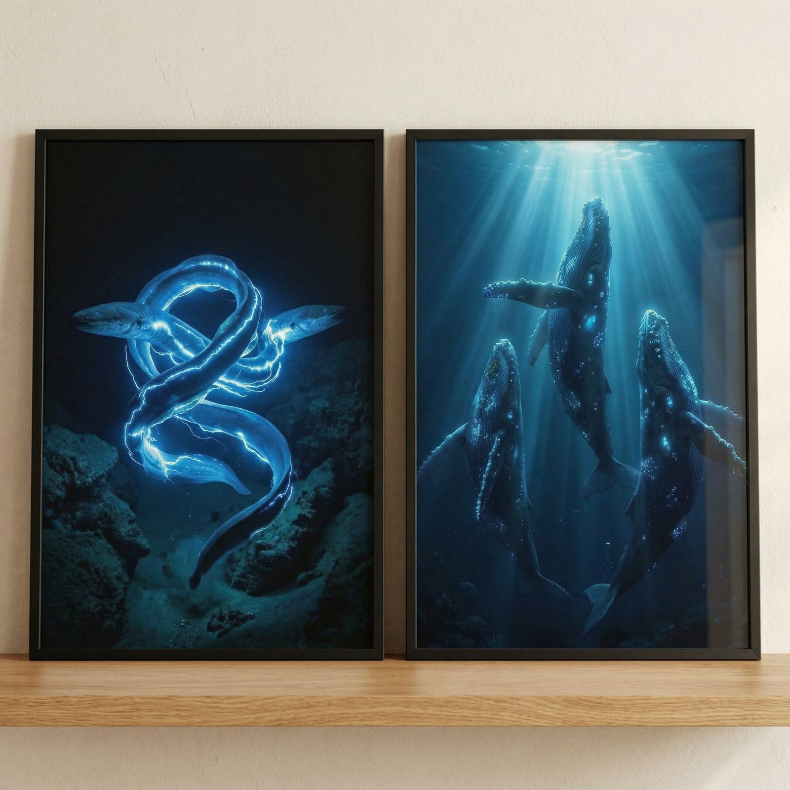 Two framed underwater artworks rest on a wooden surface against a neutral wall showing glowing eel like creatures twisting together in deep water and three whales rising upward through blue ocean light beams.