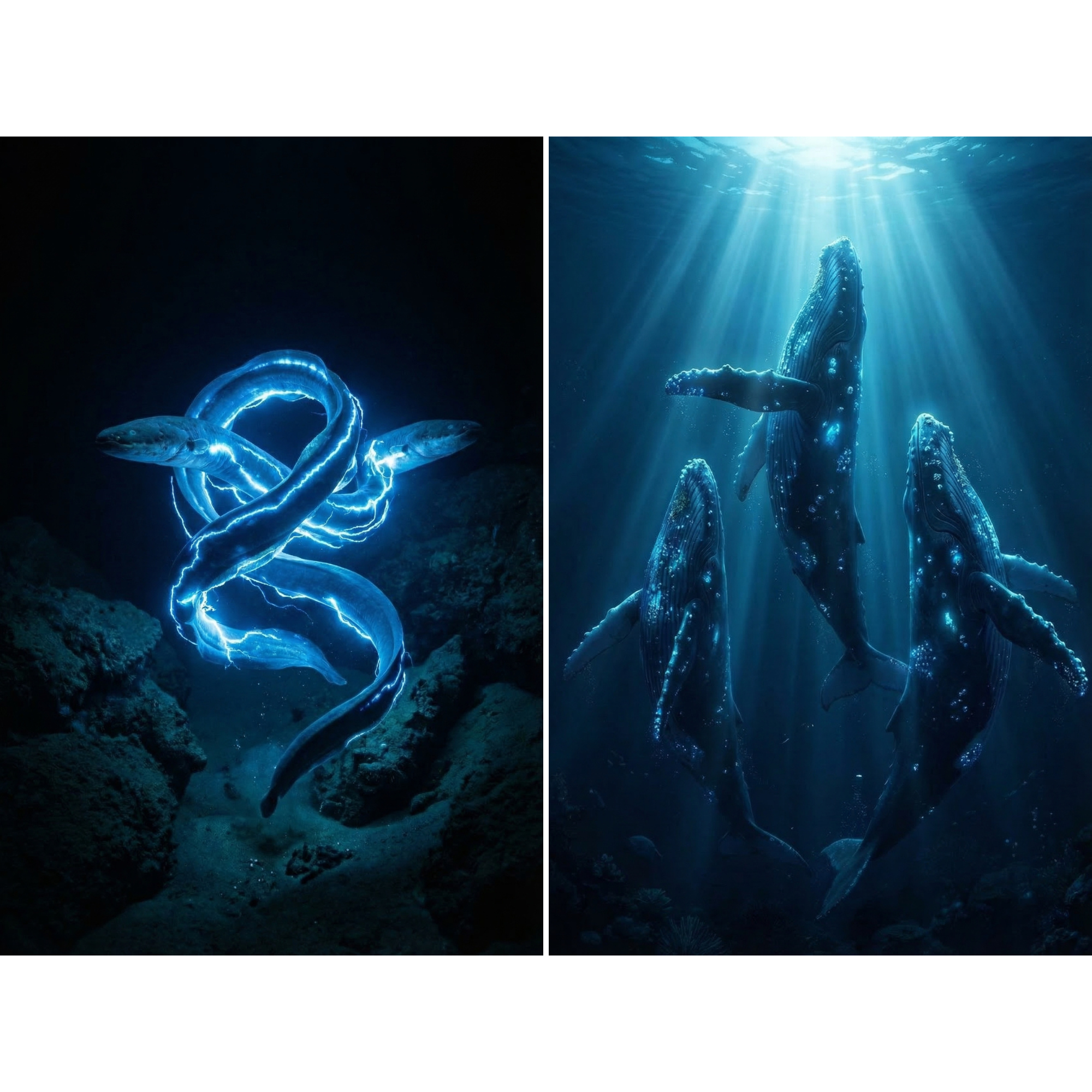 Bioluminescent Deep Sea Creature Wall Art Set of 2 - Electric Ocean Pulse