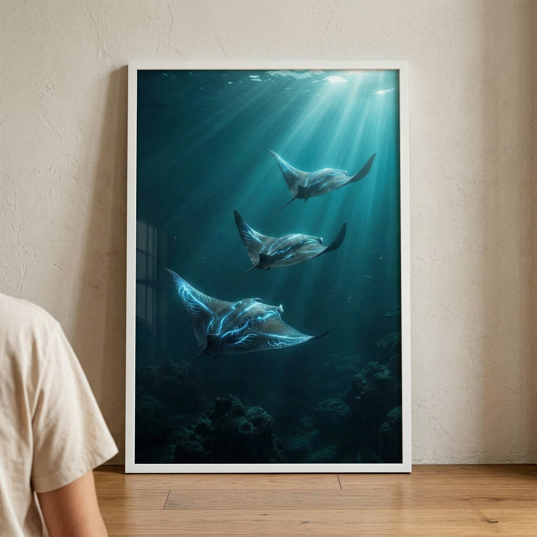 Bioluminescent Ocean Manta Ray Wall Art - Electric Ocean Rays