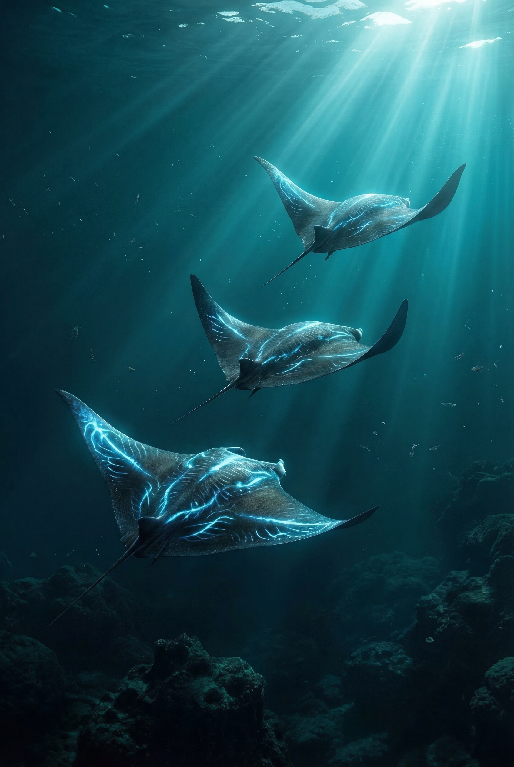 Bioluminescent Ocean Manta Ray Wall Art - Electric Ocean Rays
