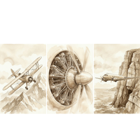 A three-panel sepia-toned illustration set featuring vintage aviation. The left panel shows a biplane soaring over rugged, snowy mountain peaks. The center panel is a detailed close-up of a large radial engine and its spinning propeller. The right panel depicts a twin-engine aircraft flying alongside a massive, steep rocky cliff over the ocean. Each panel is rendered with fine line work and soft washes, creating a nostalgic and adventurous atmosphere.
