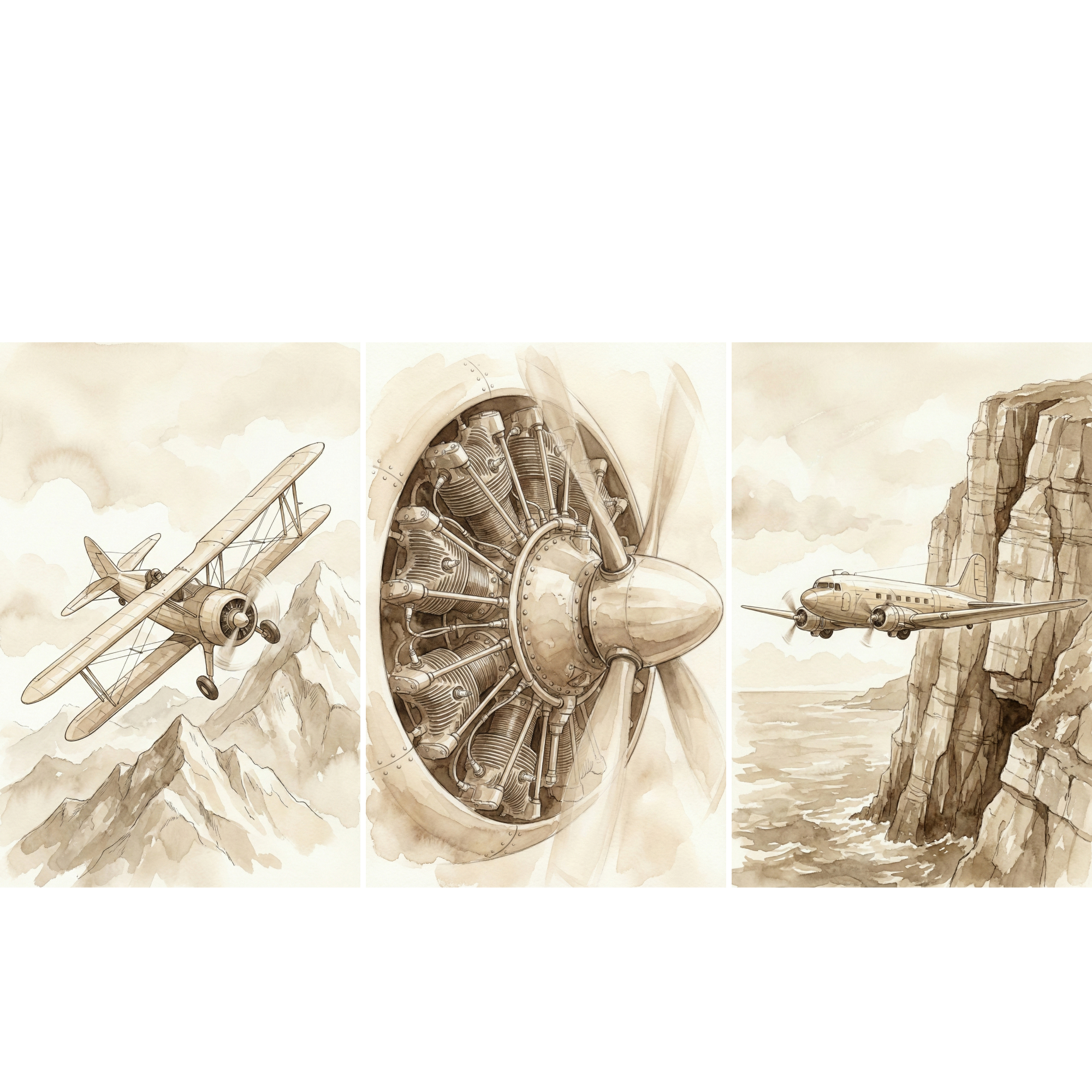A three-panel sepia-toned illustration set featuring vintage aviation. The left panel shows a biplane soaring over rugged, snowy mountain peaks. The center panel is a detailed close-up of a large radial engine and its spinning propeller. The right panel depicts a twin-engine aircraft flying alongside a massive, steep rocky cliff over the ocean. Each panel is rendered with fine line work and soft washes, creating a nostalgic and adventurous atmosphere.