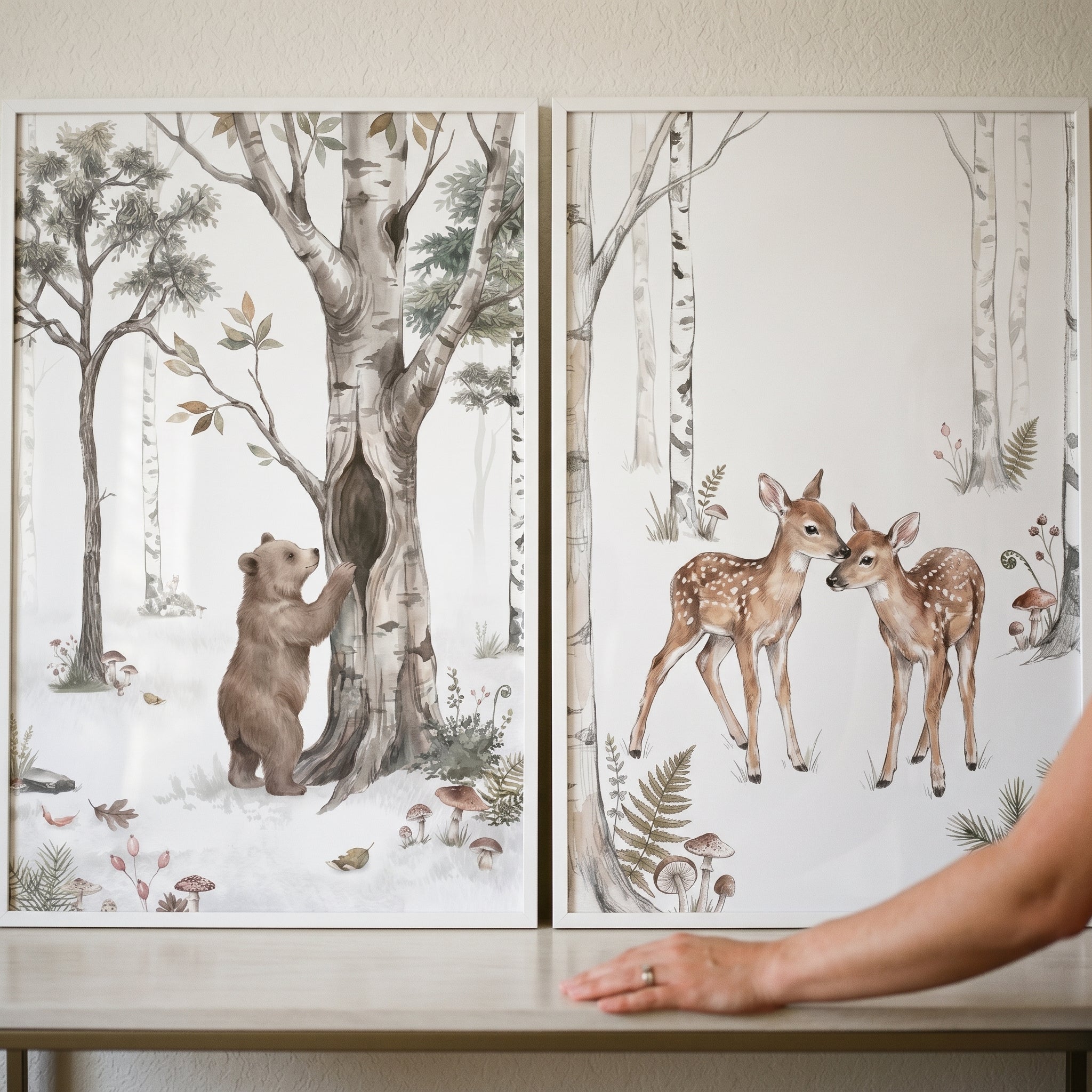 Birch Forest Animals Wall Art Set of 2 - Woodland Animal Friends