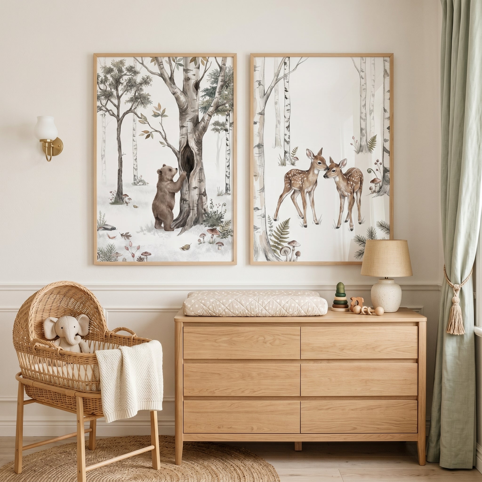 Birch Forest Animals Wall Art Set of 2 - Woodland Animal Friends